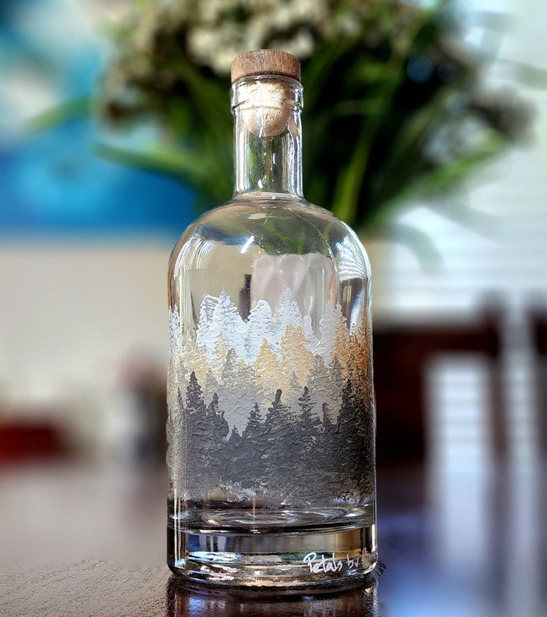 25oz Hand-Painted Whiskey/Bourbon Decanter Forest Design Neutrals