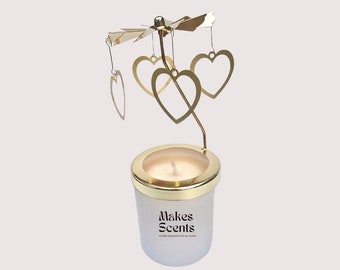 Heart gold metal candle carousel spinner and soy scented candle gift accessory set, birthday for her, wedding anniversary