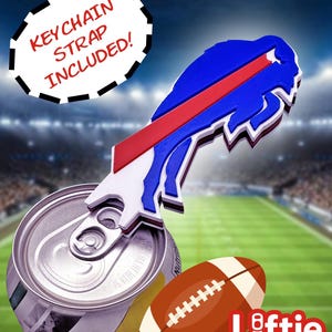 May include: A blue, red, and white bottle opener in the shape of a buffalo head, opening a can. A brown football and the word "Liftie" are also visible. The text "KEYCHAIN STRAP INCLUDED!" is in a white speech bubble.