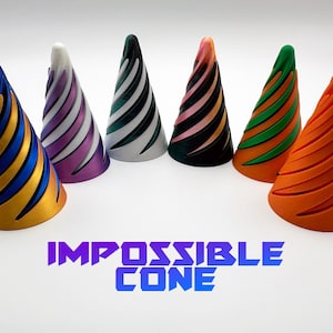 May include: A collection of six colorful, spiral-grooved cone-shaped objects. The cones are in shades of blue and gold, white and purple, black and green, black and pink, orange and green, and solid orange. The text "IMPOSSIBLE CONE" is displayed in purple and blue.