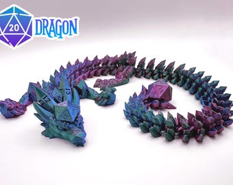 24" Crystal Dice Dragon, Articulating Flexi | Fidget Desk Toy, Dragon Decoration Gift, 3D Printed Dragon, Dungeons and Dragons, D20 TTRPG