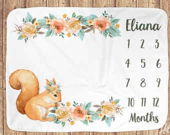 Milestone Blanket Girl, Squirrel, Baby Month Blanket, Milestone Blanket Baby, Personalized Baby Blanket, Custom Milestone Baby Blanket, Girl