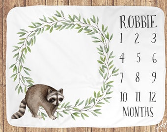 Raccoon Milestone Baby Blanket, Woodland Animal, Woodland Nursery, Woodland Monthly Blanket, Baby Growth Tracker, Unisex, Gender Neutral