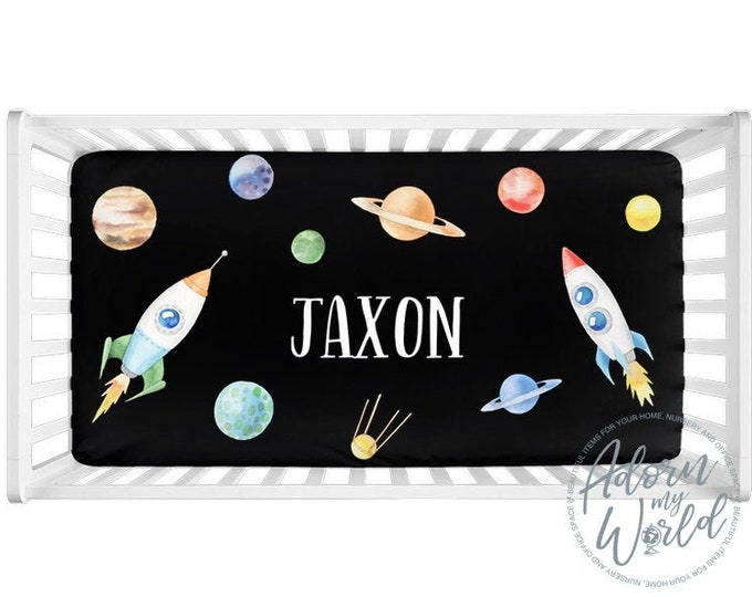SPACE Crib Sheet, Personalized, Planets, Rockets, Space Nursery Bedding, New Baby Boy Gift, Outer Space Nursery Decor, Space Crib Bedding