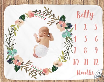 Baby Month Blanket, Baby Milestone Blanket, Personalized Baby Girl Blanket, Milestone Blanket Girl, Custom Month Blanket, Floral Blanket