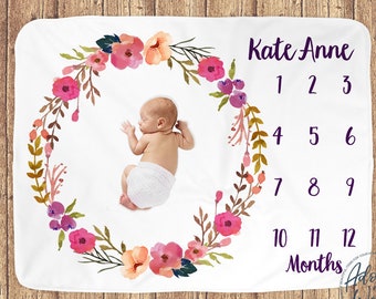 Milestone Blanket girl, Baby Month Blanket, Milestone Blanket Baby, Personalized Baby Blanket, Custom Milestone Baby Blanket, Floral Blanket
