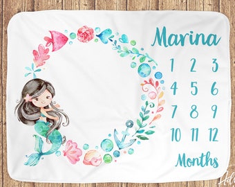 Milestone Blanket Mermaid, Baby Milestone Blanket, Mermaid Blanket, Ocean, Sea Theme, Baby Girl Gift, Monthly Milestone Blanket Personalized