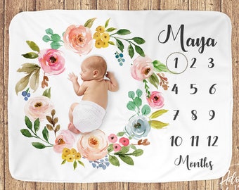 Milestone Blanket Girl, Couverture de bébé personnalisée, Couverture de suivi de croissance, Faite sur mesure, Florale, Polaire, Minky, Couverture de bébé d’un mois à l’autre