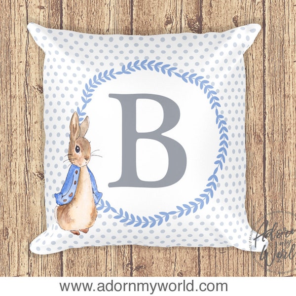 Peter Rabbit Pillow, Personalized Letter Pillow, Peter Rabbit Cushion, Monogram Pillow, Nursery Decor, Gift For Boy, Pillow With Letter