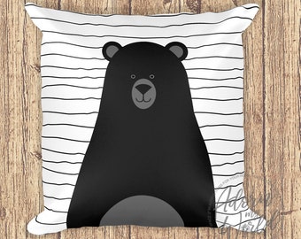 Black Bear Pillow, Nursery Throw Pillow, Monochrome Nursery Decor, Black And White Nursery, Black Bear Cushion, Black Bear Pillowcase, Bear