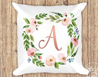 Almohada de carta inicial, almohada de monograma, almohada personalizada, oro rosa, cojín de monograma, almohada floral, almohada inicial, almohada con carta