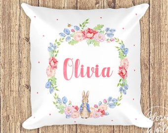 Peter Rabbit Pillow, Personalized Pillow, Customized Cushion, Nursery Pillow, Newborn Girl Gift, Peter Rabbit Nursery, Name Pillow, Cushion