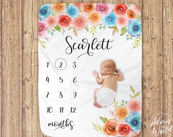 Personalized Baby Milestone Blanket, Custom Made, Baby Girl Blanket, Floral Milestone Blanket, Monthly Milestone Blanket, Baby Month Blanket