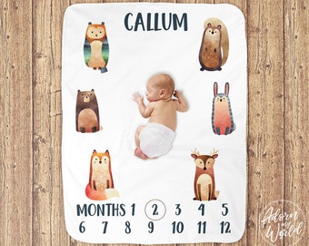 Woodland Milestone Blanket, Monthly Growth Tracker, Fleece, Fox Blanket, Baby Shower Gift, Newborn Gift Blanket, Watch Me Grow Baby Boy