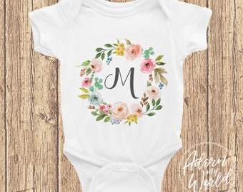 Girls Baby BodysuitPersonalized Baby GiftFloral Wreath GCB-48