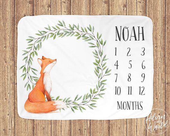 Woodland Fox Growth Chart Blanket Baby Shower Gift Personalized Milestone Blanket with Foxes Baby Photo Prop Baby Month Blanket