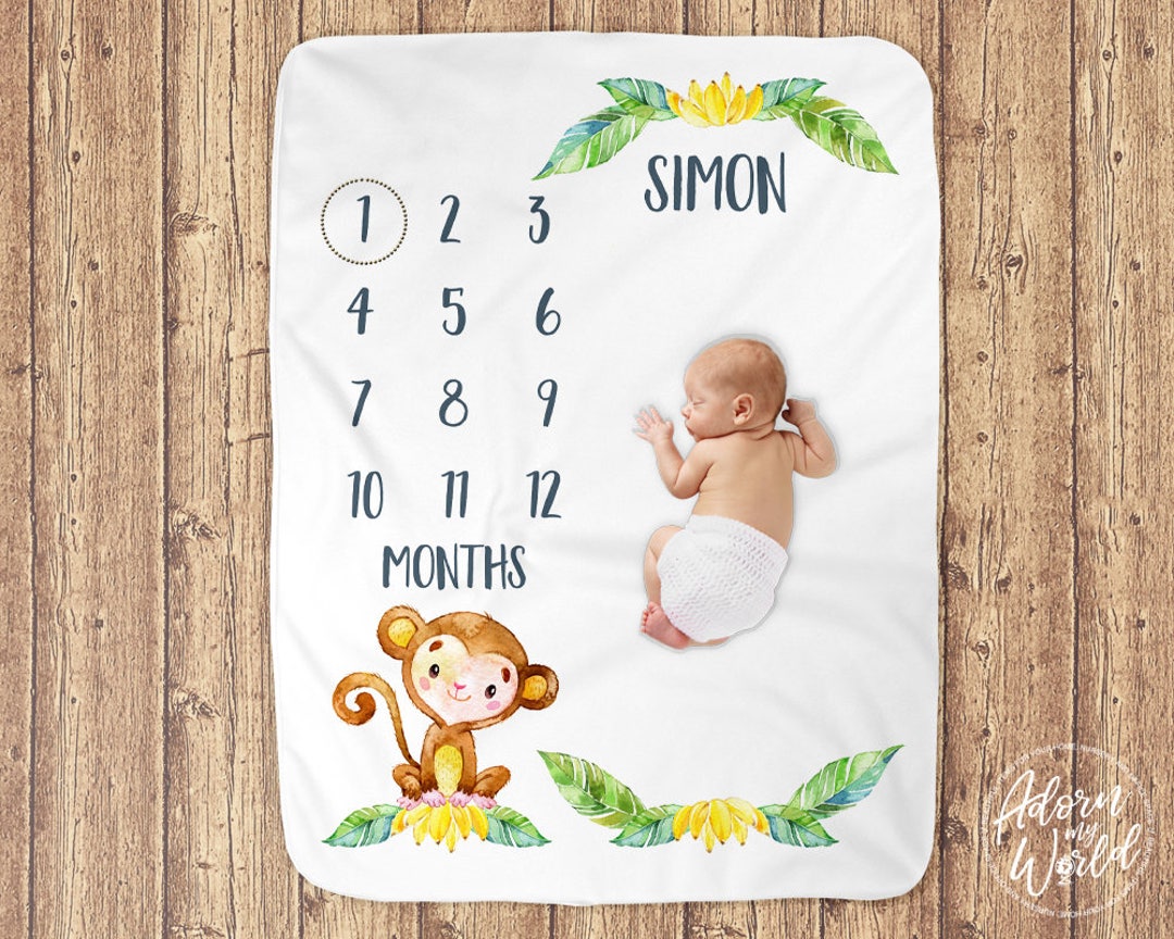 Monkey Milestone Blanket, Monkey Minky Blanket, Boy Milestone Blanket