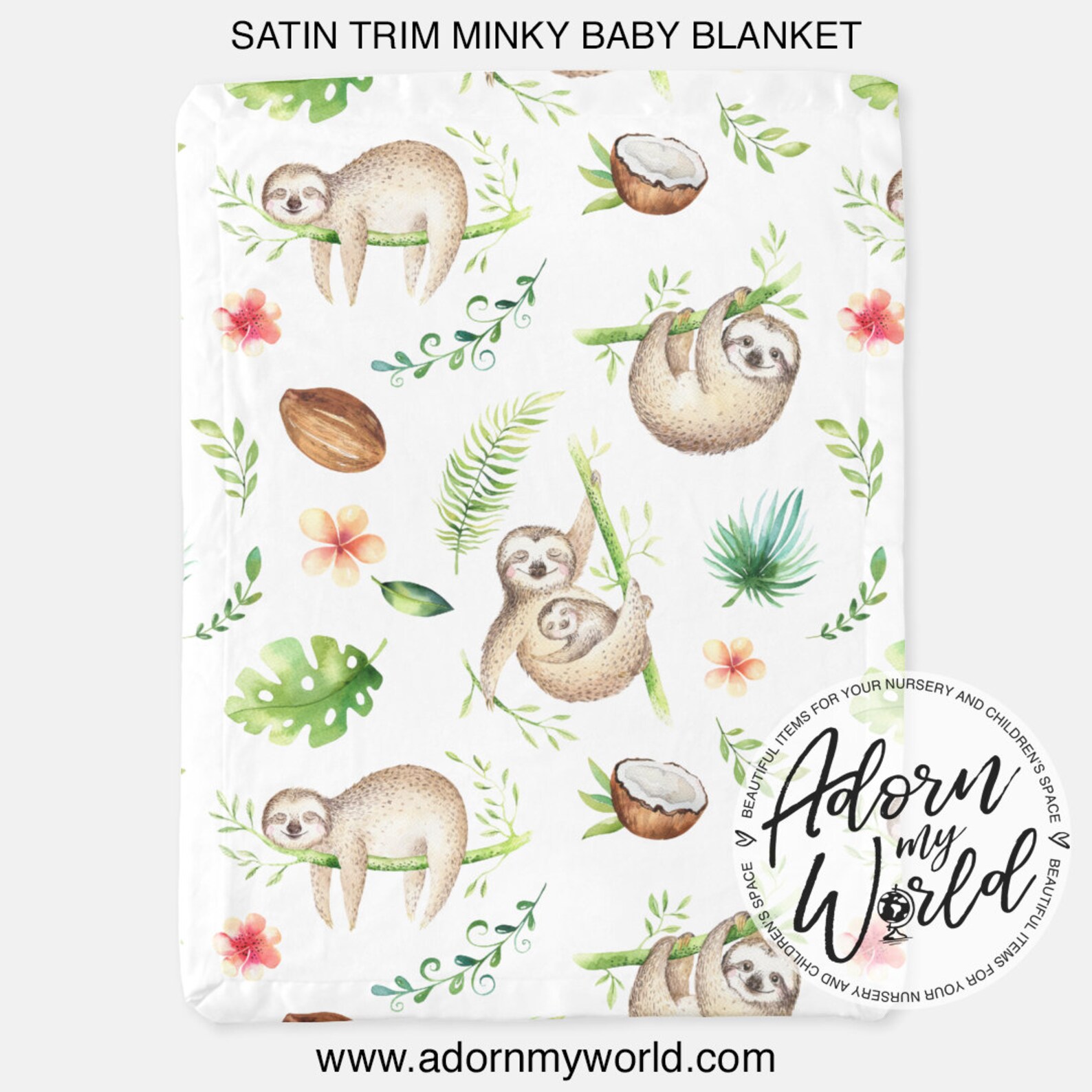 Sloth Baby Blanket Sloth Crib Bedding Satin Trim Minky Etsy