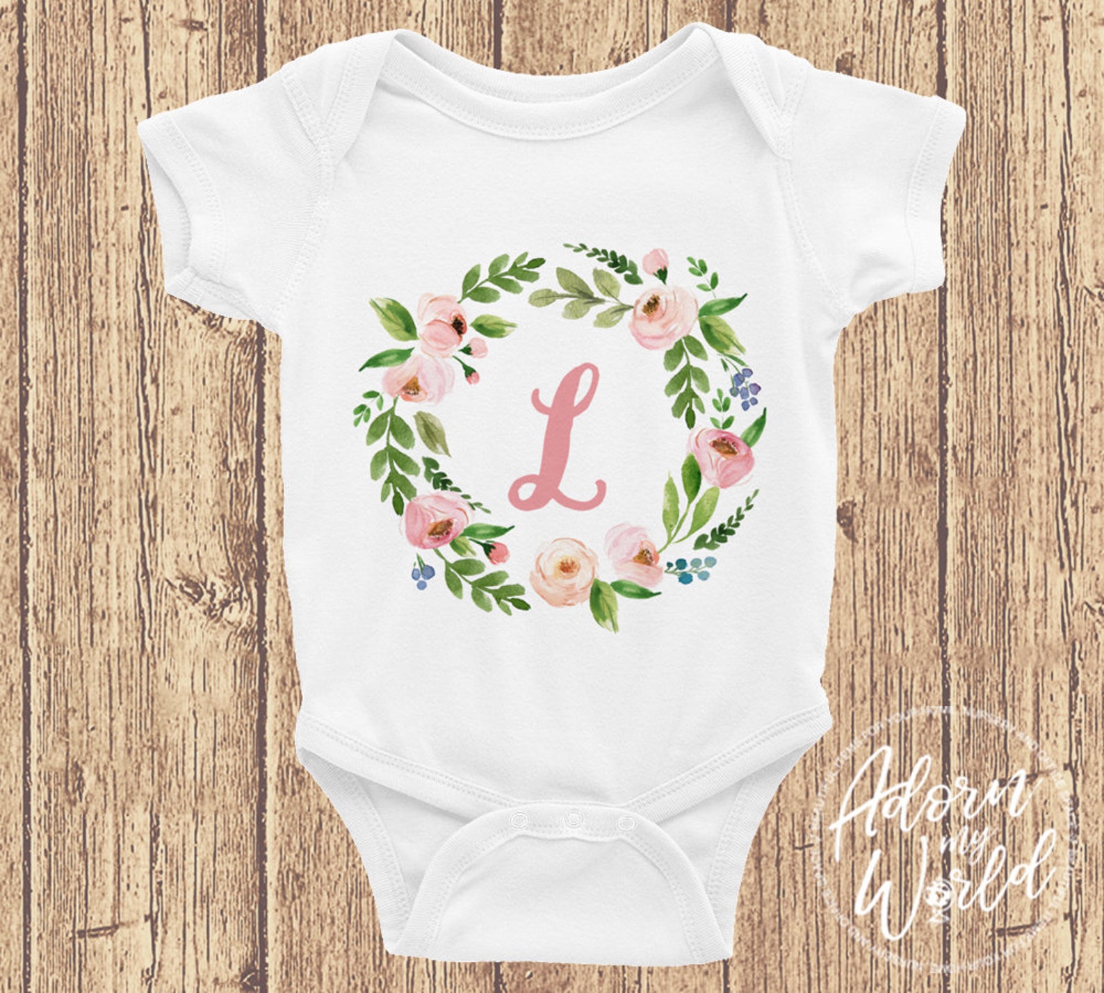 Baby Girl Bodysuit Pink Floral Bodysuit Initial Bodysuit Etsy UK