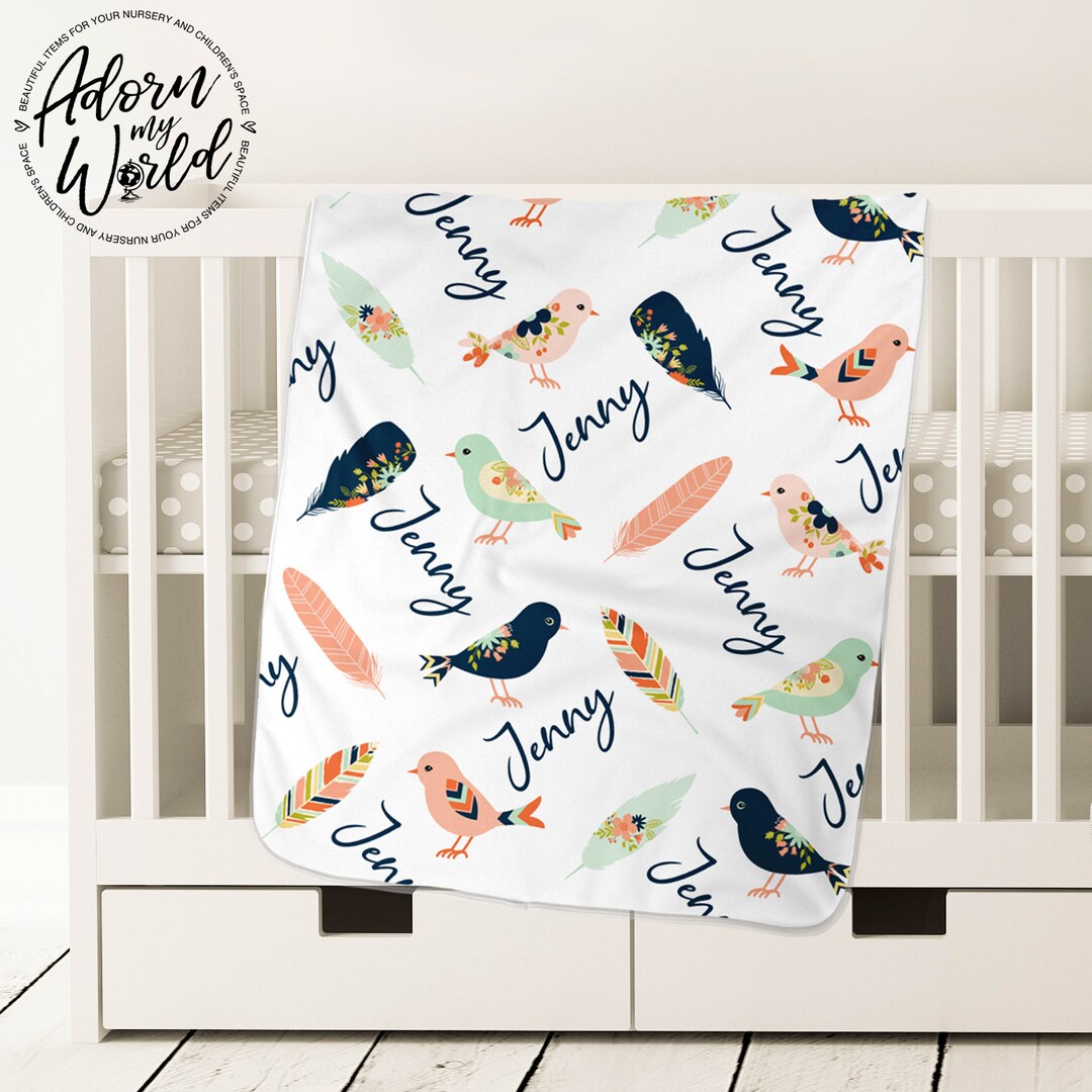 Bird Baby Blanket, Personalized Baby Name Blanket, Feather Baby Blanket