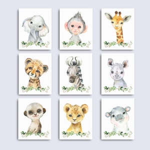 Safari Animal Wall Art, Safari Animal Canvas Wraps, Jungle Animal Nursery, Safari Nursery Decor, Safari Animals Nursery Prints, Set Of 9