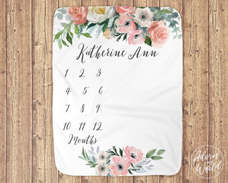 Baby Milestone Blanket Floral Baby Blanket Personalized Baby Girl Blanket Floral Milestone Monthly Milestone Blanket Baby Name Blanket