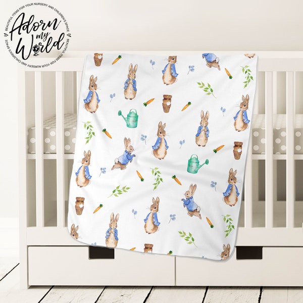 PETER RABBIT BLANKET, Nursery Bedding, New Baby Gift, Rabbit Nursery Decor, Swaddle Blanket,  Minky Blanket, Fleece Blanket, Crib Bedding