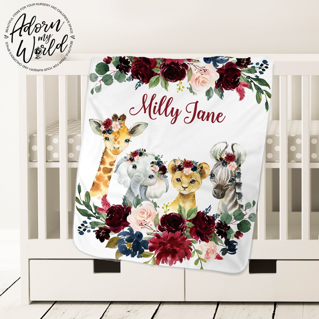 Personalized Safari Blanket Girl, Custom Baby Name Blanket, Animal With ...