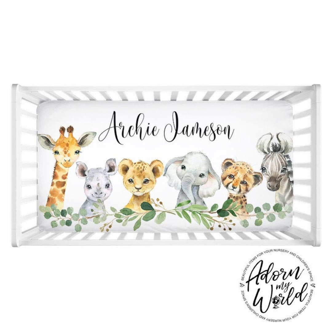 Safari Animals Crib Sheet, Personalized Safari Nursery Bedding, Jungle ...