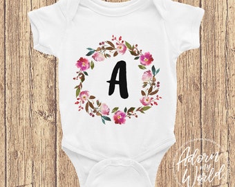 Initial Bodysuit, Personalized, Baby Girl Bodysuit, Floral Bodysuit, Baby Girl One Piece, Initial One Piece, New Baby Gift, Baby Girl Gift