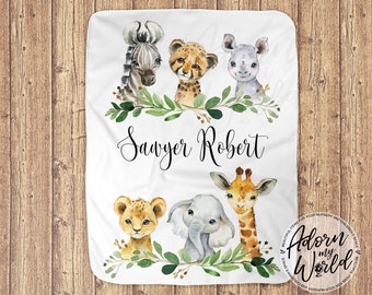 Personalized Baby Blanket, Safari Animal Baby Blanket, Safari Nursery Decor, Custom Baby Name Blanket, Baby Shower Gift, Safari Baby Gift