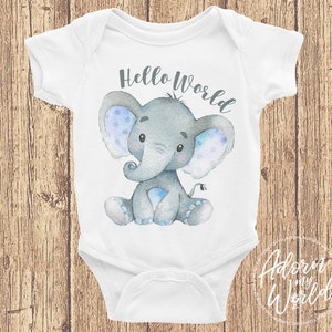 Baby Bodysuit, Hello World, Take Home Outfit, Coming Home Outfit, Baby Shower Gift, Newborn Outfit, New Baby Gift, Elephant Baby Bodysuit image 1