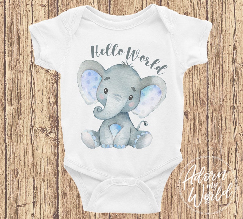 Baby Bodysuit, Hello World, Take Home Outfit, Coming Home Outfit, Baby Shower Gift, Newborn Outfit, New Baby Gift, Elephant Baby Bodysuit image 1