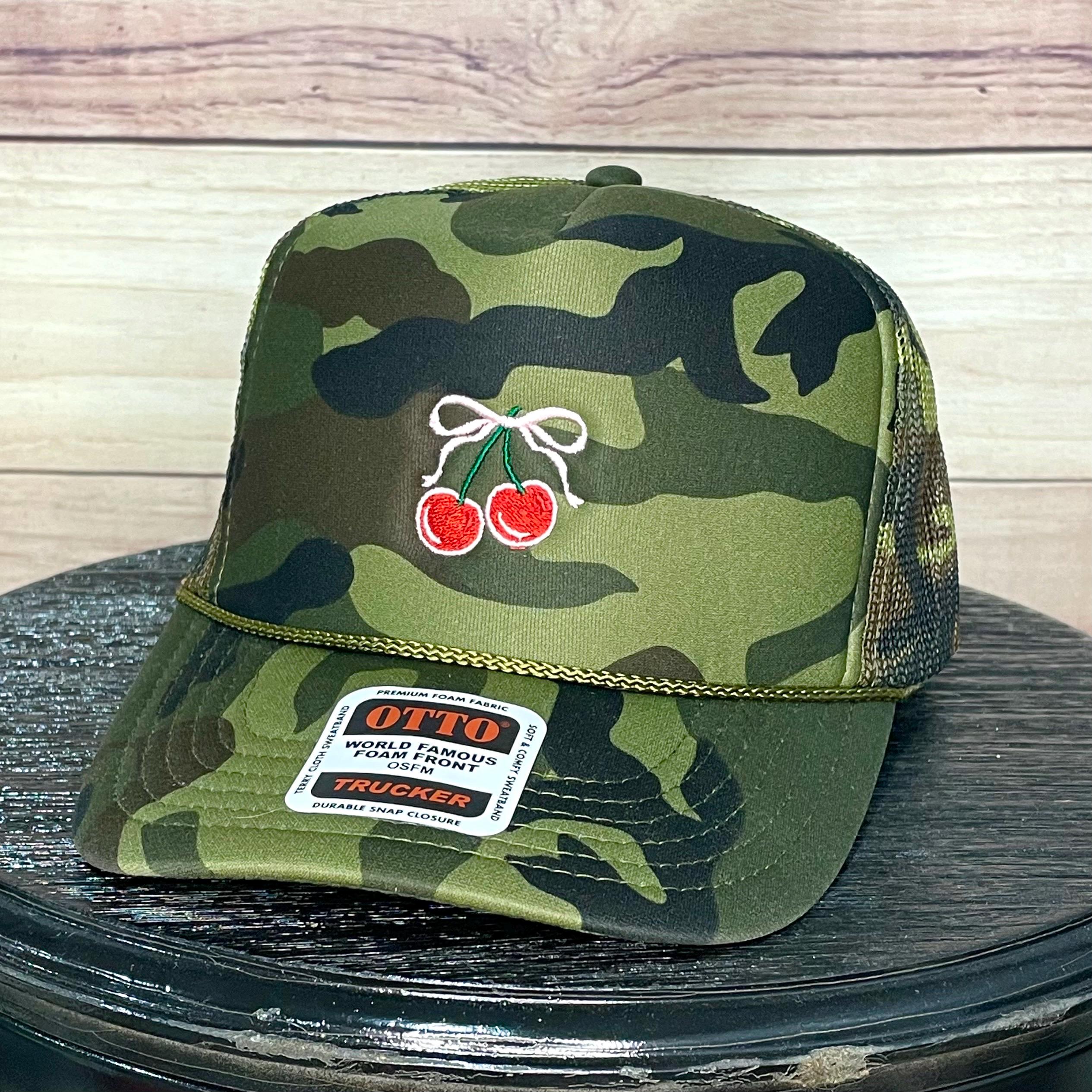 Cherries & Bow Embroidered Trucker Hat, Foam Front, Star Mesh, Blue & Hot Pink Cherry Bow Trucker Hat - Etsy main image 4