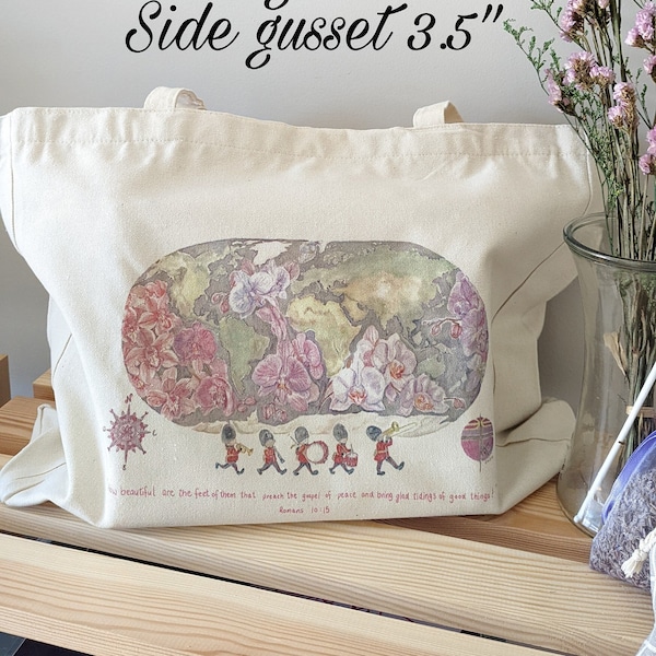 Large Canvas Tote Bag/ with Zipper and Inner Pocket / Watercolor Scripture art/ Shoulder Grocery Shopping Bag/ Printed in BC/ Christian