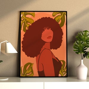 Abstract Minimal Woman Bedroom Decor, Woman Digital Print, Black Woman Art Print, Plant Woman Art Print, Botanical Mid Century Modern Art