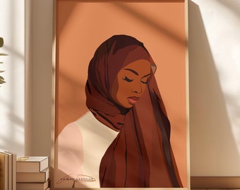 Modern Hijabi Art Wall Art | Physical Art Print | Minimalist Black Woman Wall Art