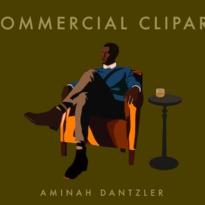 May include: Illustration of a person seated in an orange and brown armchair, with a small side table holding a glass of amber liquid. The image includes the text "COMMERCIAL CLIPART" and "AMINAH DANTZLER" on a dark green background.