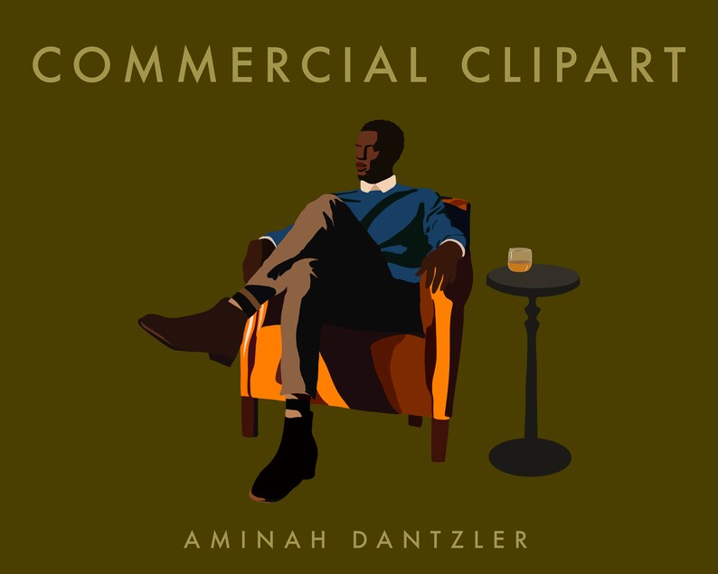 May include: Illustration of a person seated in an orange and brown armchair, with a small side table holding a glass of amber liquid. The image includes the text "COMMERCIAL CLIPART" and "AMINAH DANTZLER" on a dark green background.