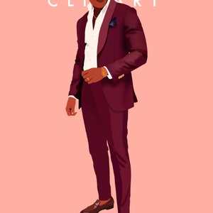 May include: Illustration of a person in a burgundy suit, white shirt, and brown shoes. The image includes the text "COMMERCIAL CLIP ART" and "BY AMINAH DANTZLER" on a pink background. A gold watch and pocket square are visible.