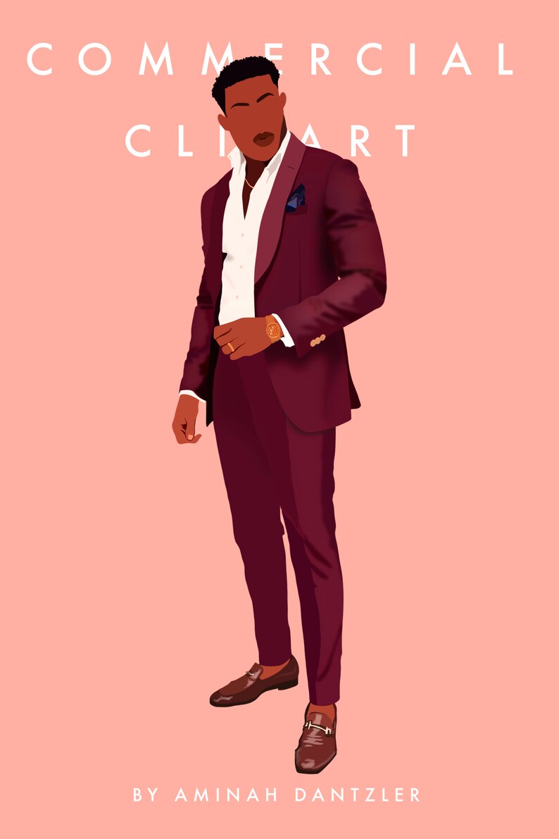 May include: Illustration of a person in a burgundy suit, white shirt, and brown shoes. The image includes the text "COMMERCIAL CLIP ART" and "BY AMINAH DANTZLER" on a pink background. A gold watch and pocket square are visible.