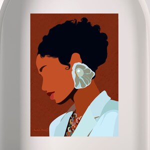 May include: An artistic illustration of a woman in profile, featuring a dark complexion and black hair. She wears a white blazer and a large, shell-shaped earring. The background is a warm, reddish-brown.