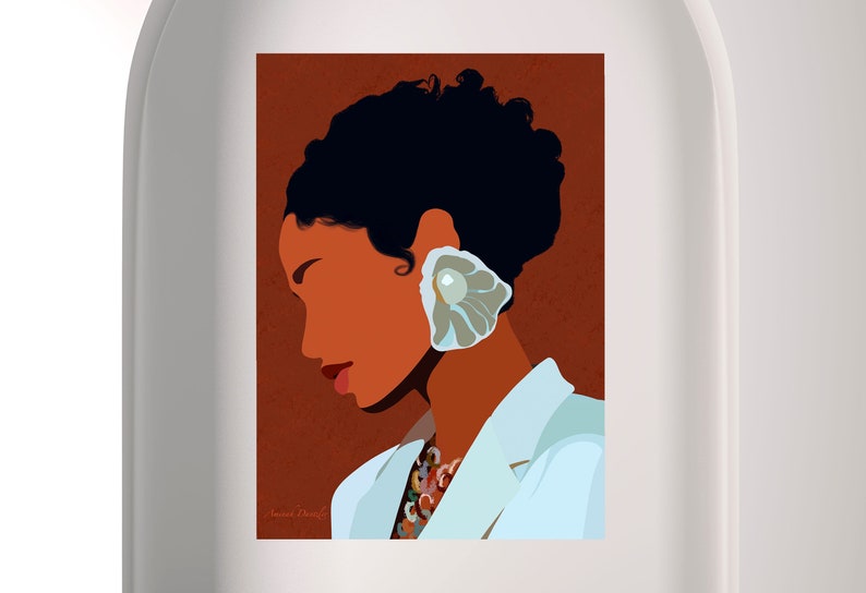 May include: An artistic illustration of a woman in profile, featuring a dark complexion and black hair. She wears a white blazer and a large, shell-shaped earring. The background is a warm, reddish-brown.
