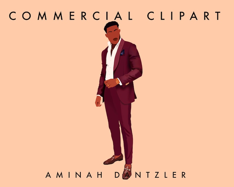 May include: Illustration of a person in a burgundy suit, white shirt, and brown shoes. The image includes the text "COMMERCIAL CLIPART" at the top and "AMINAH DNTZLER" at the bottom. The person is wearing a ring and a watch.