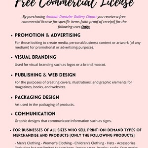May include: A pink background with black text that reads "Free Commercial License." The text details the terms of use for Aminah Dantzler Gallery Clipart, including promotion, visual branding, publishing, packaging, and communication. It lists eligible print-on-demand merchandise.