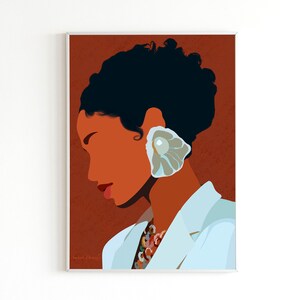 May include: An art print featuring a stylized portrait of a person with dark hair and a light complexion. The person wears a white blazer and a large, shell-shaped earring. The background is a warm, reddish-brown color.