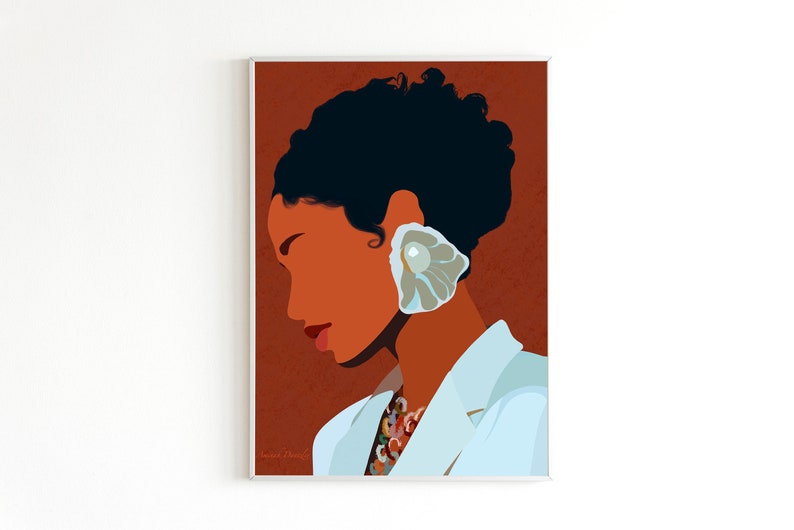 May include: An art print featuring a stylized portrait of a person with dark hair and a light complexion. The person wears a white blazer and a large, shell-shaped earring. The background is a warm, reddish-brown color.