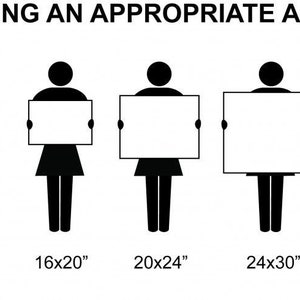 May include: Image illustrating art size options. Six stick figures hold rectangular art pieces of varying sizes, from 8x10 inches to 30x40 inches. The text "CHOOSING AN APPROPRIATE ART SIZE" is at the top, providing guidance on art dimensions.