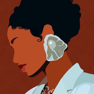 May include: Digital art print of a person in profile, featuring a light blue blazer and a seashell-shaped earring. The artwork has a warm color palette with a reddish-brown background and a colorful necklace. The artist's signature is visible in the lower left corner.