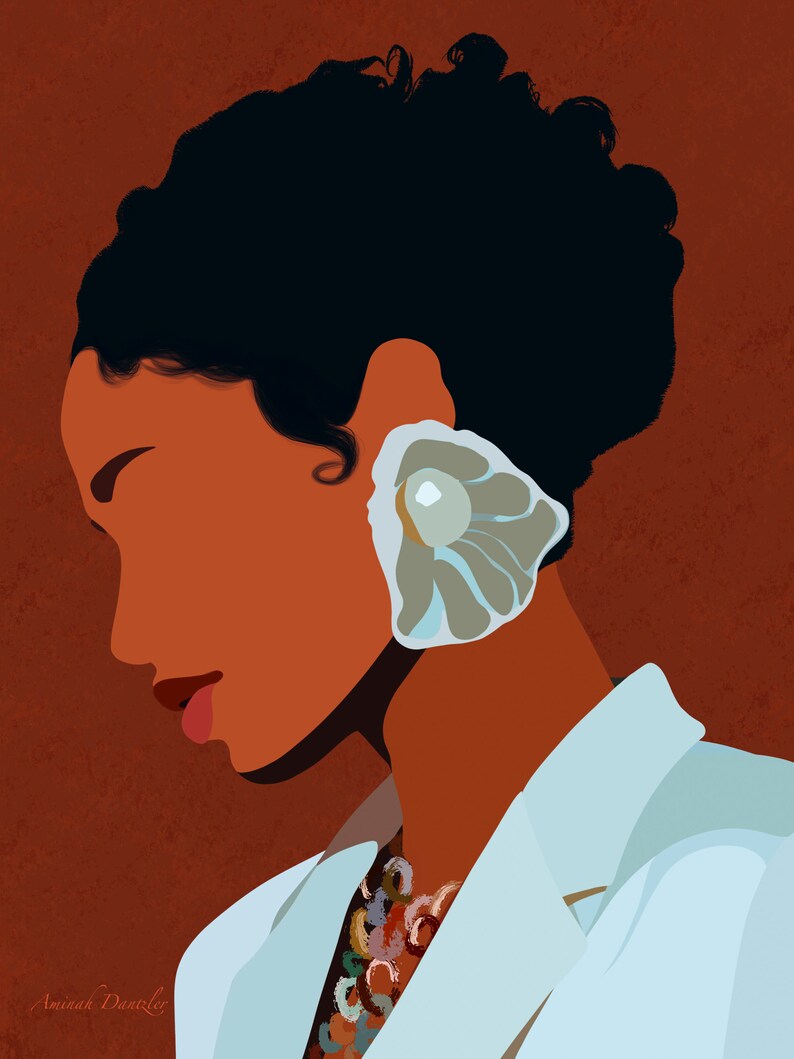 May include: Digital art print of a person in profile, featuring a light blue blazer and a seashell-shaped earring. The artwork has a warm color palette with a reddish-brown background and a colorful necklace. The artist's signature is visible in the lower left corner.